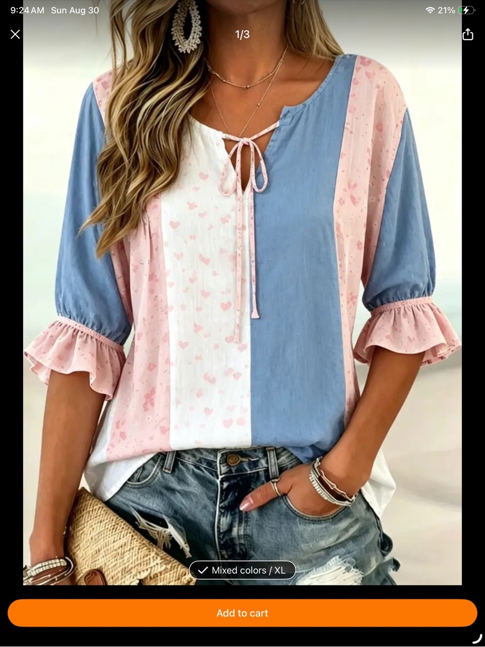 Tie-Neck Colorblock Ruffle Sleeve Blouse - Pink & Blue